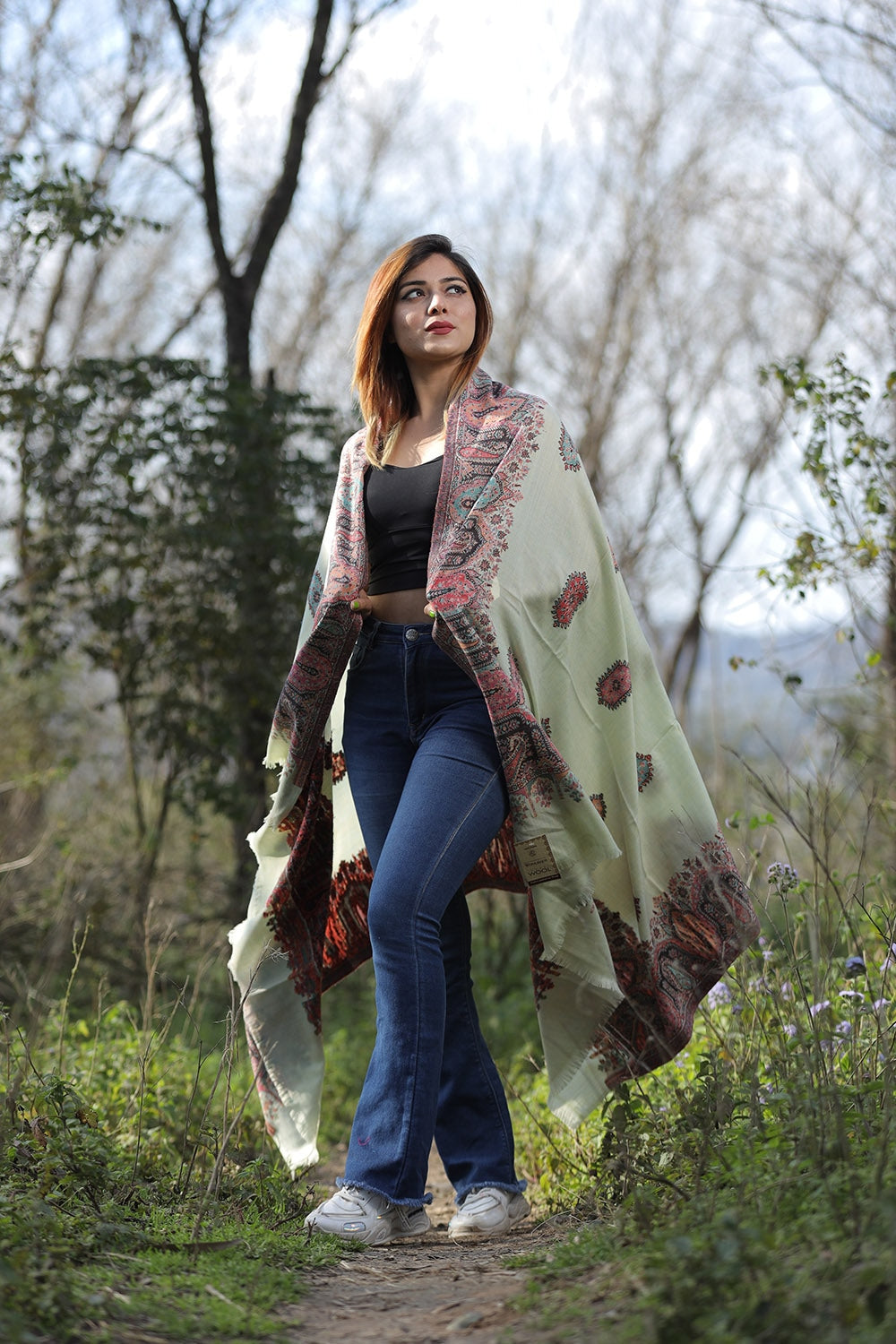 Pistashio Green Colour Shawl With Flower Pattern Style Bold