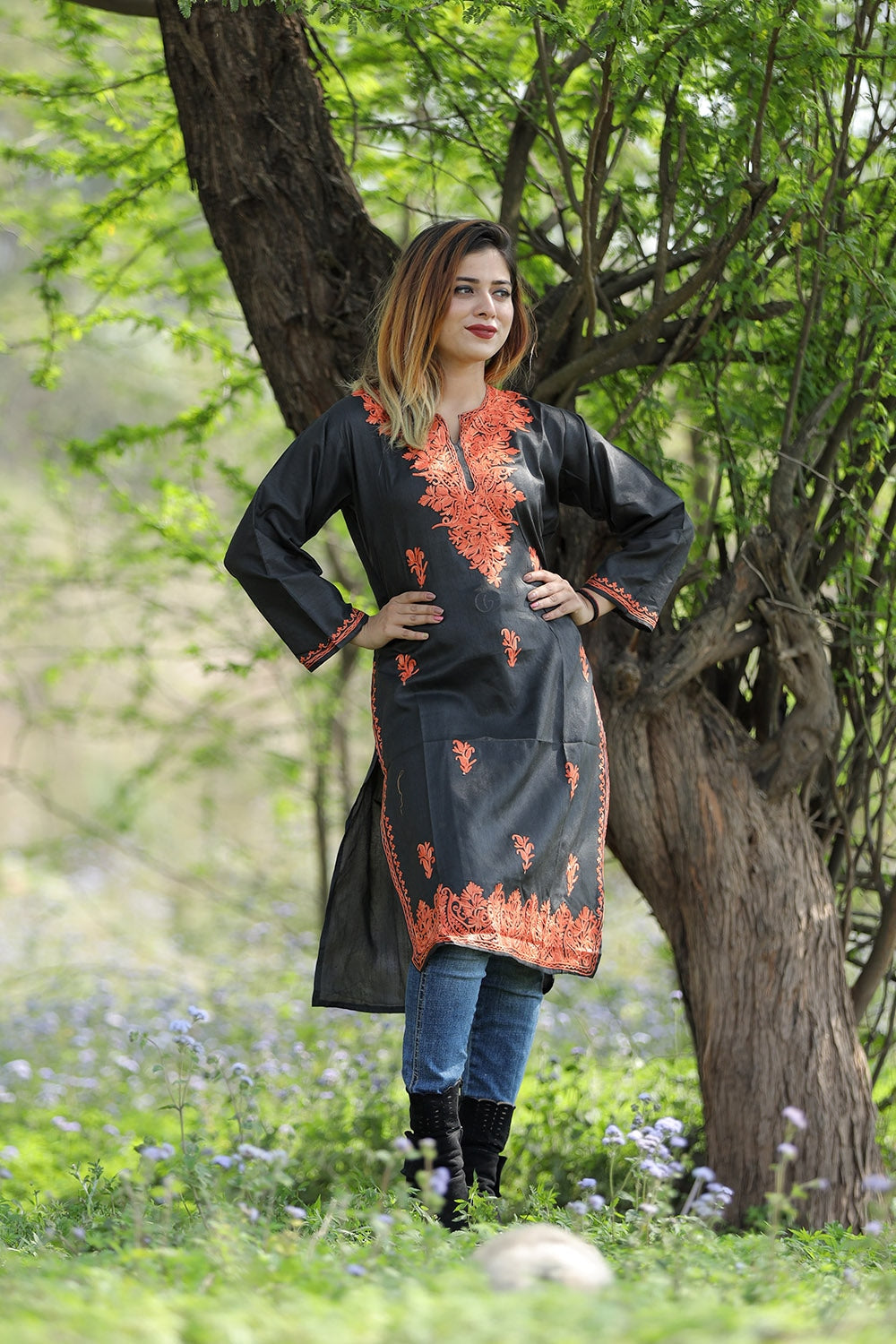 Pitch Black Colour Rayon Silk Kurti With Beautiful Aari