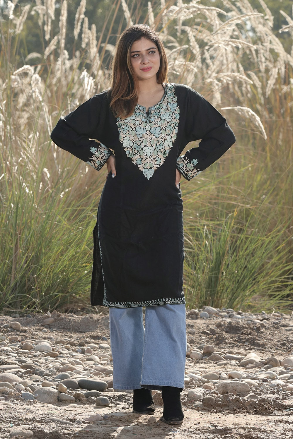 PITCH DARK BLACK COLOUR AARI WORK EMBROIDERED KURTI