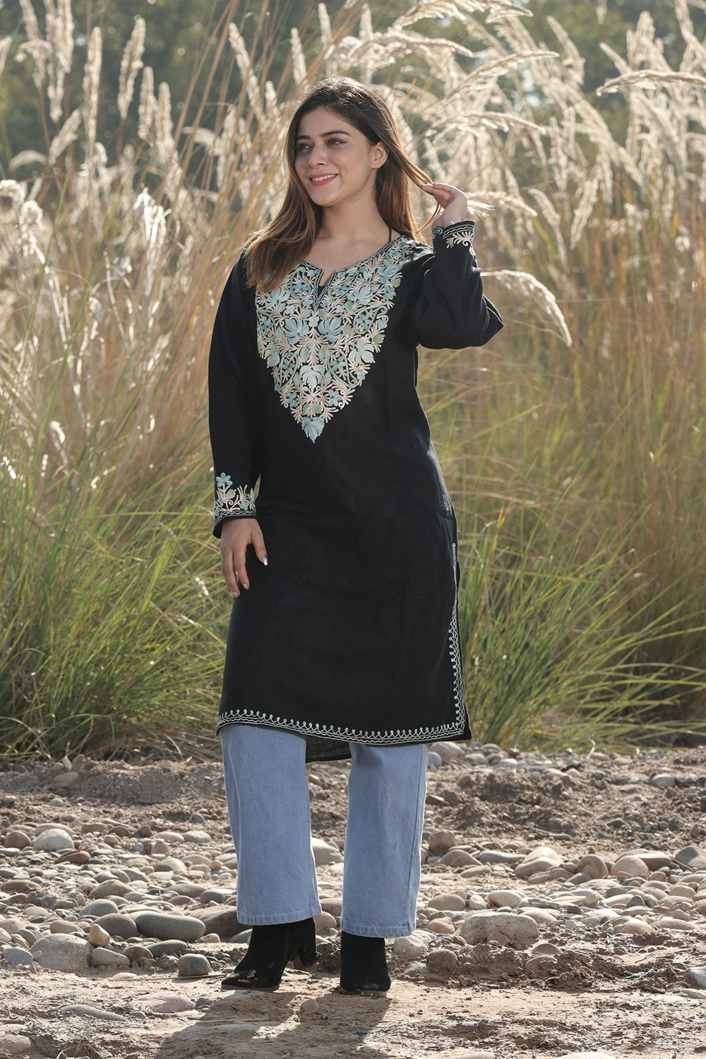 PITCH DARK BLACK COLOUR AARI WORK EMBROIDERED KURTI