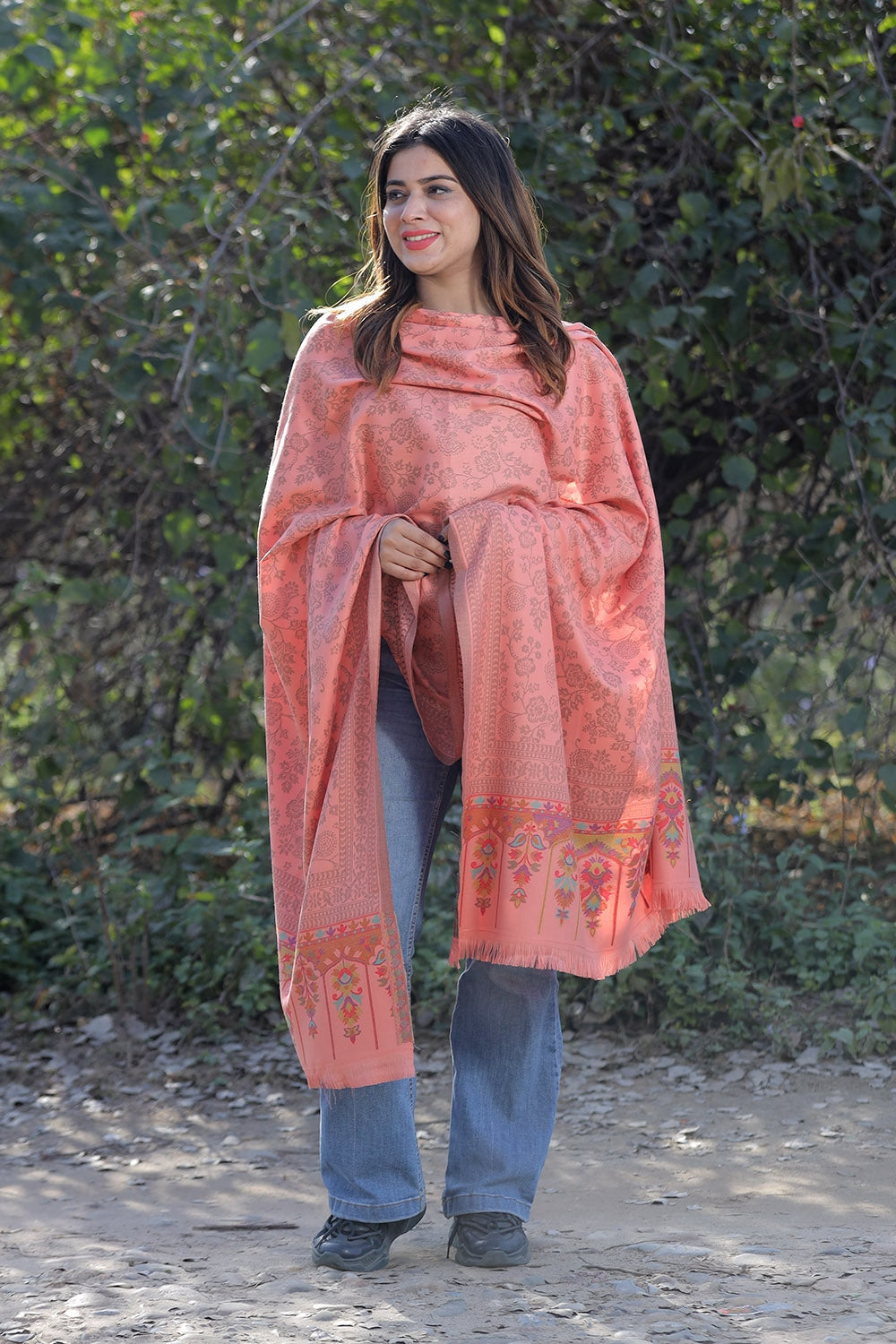 Playful Peach COLOUR KANI SHAWL WORK DEFINES ROYAL