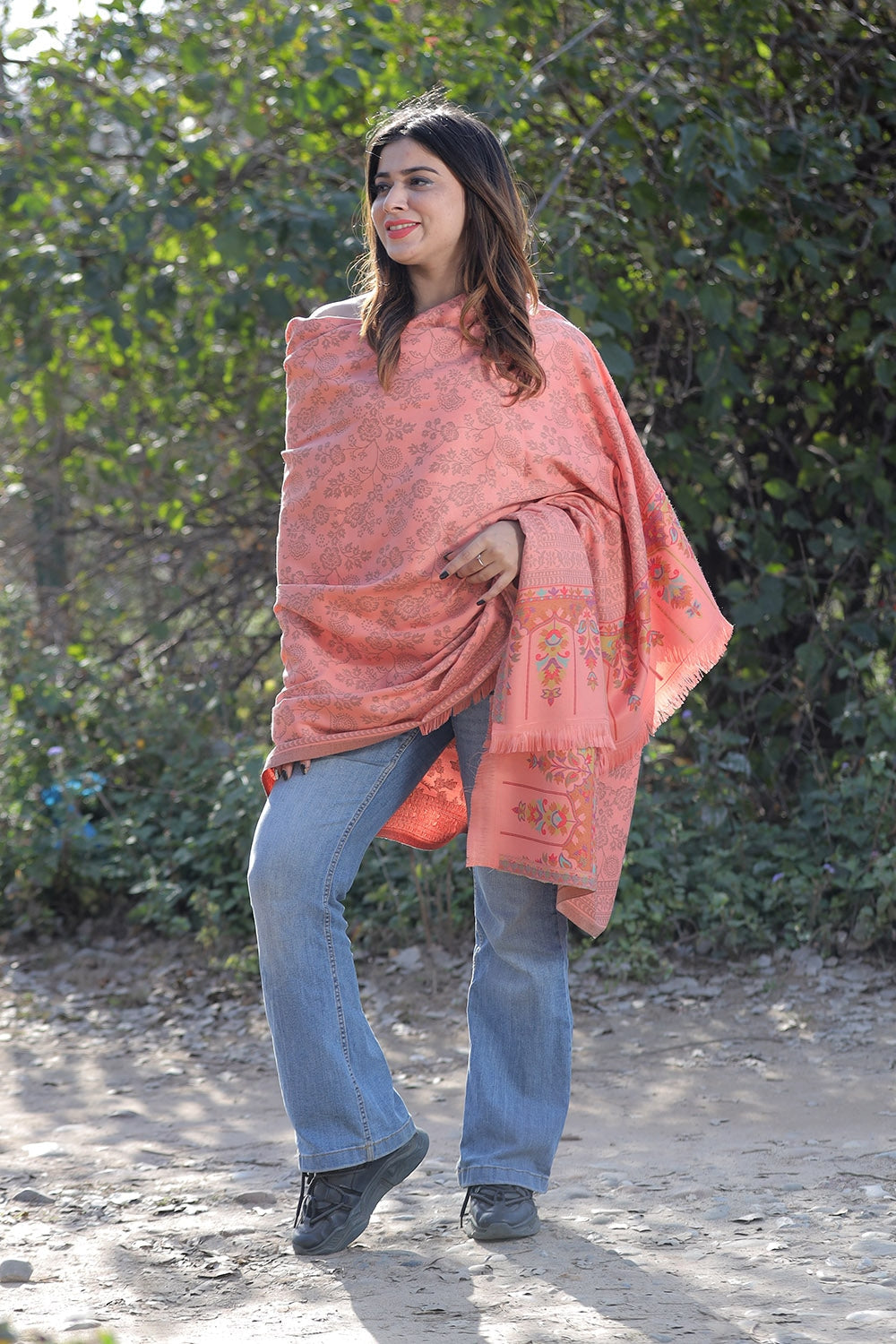 Playful Peach COLOUR KANI SHAWL WORK DEFINES ROYAL