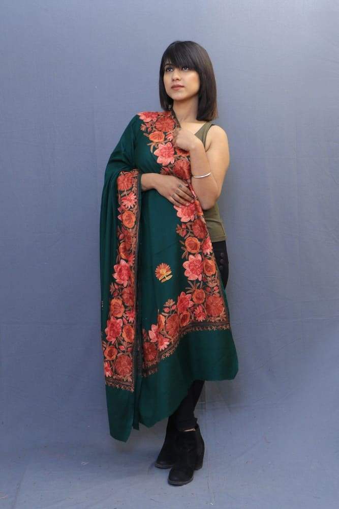 Poison Colour Stole With Kashmiri Four Sided Border Add