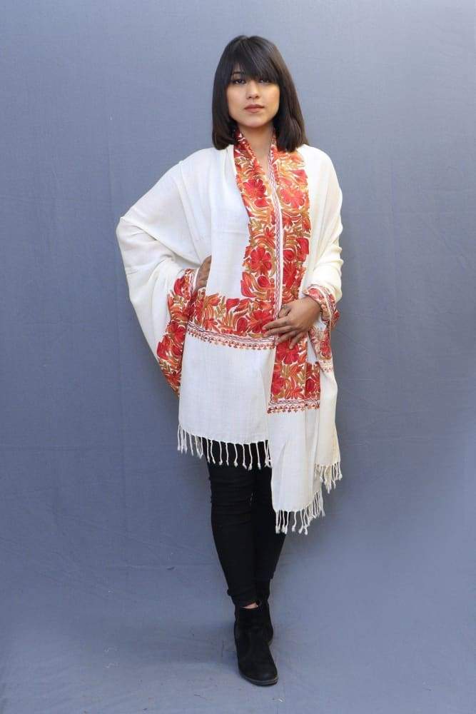 Pure White Color Stole With Kashmiri Four Sided Border Add