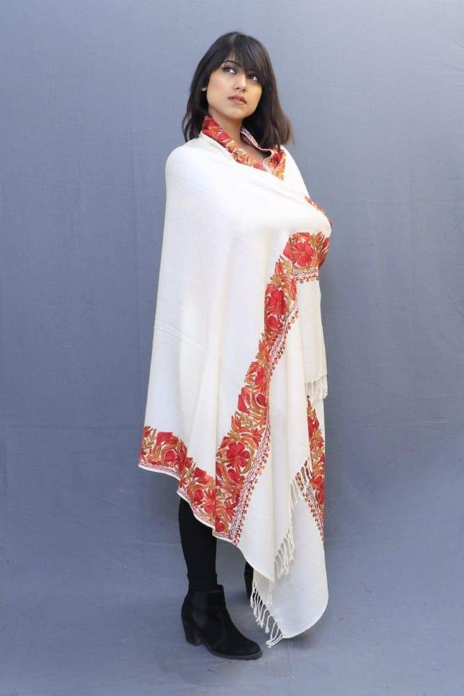 Pure White Color Stole With Kashmiri Four Sided Border Add