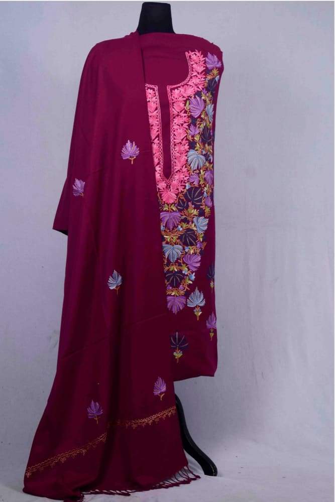 Purple Color Kashmiri Aari Work Unstitched Suit Piece