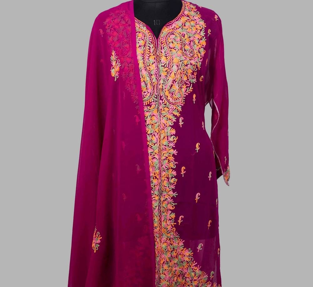 Purple Colour Aari Work Kurti With Front Back Thread