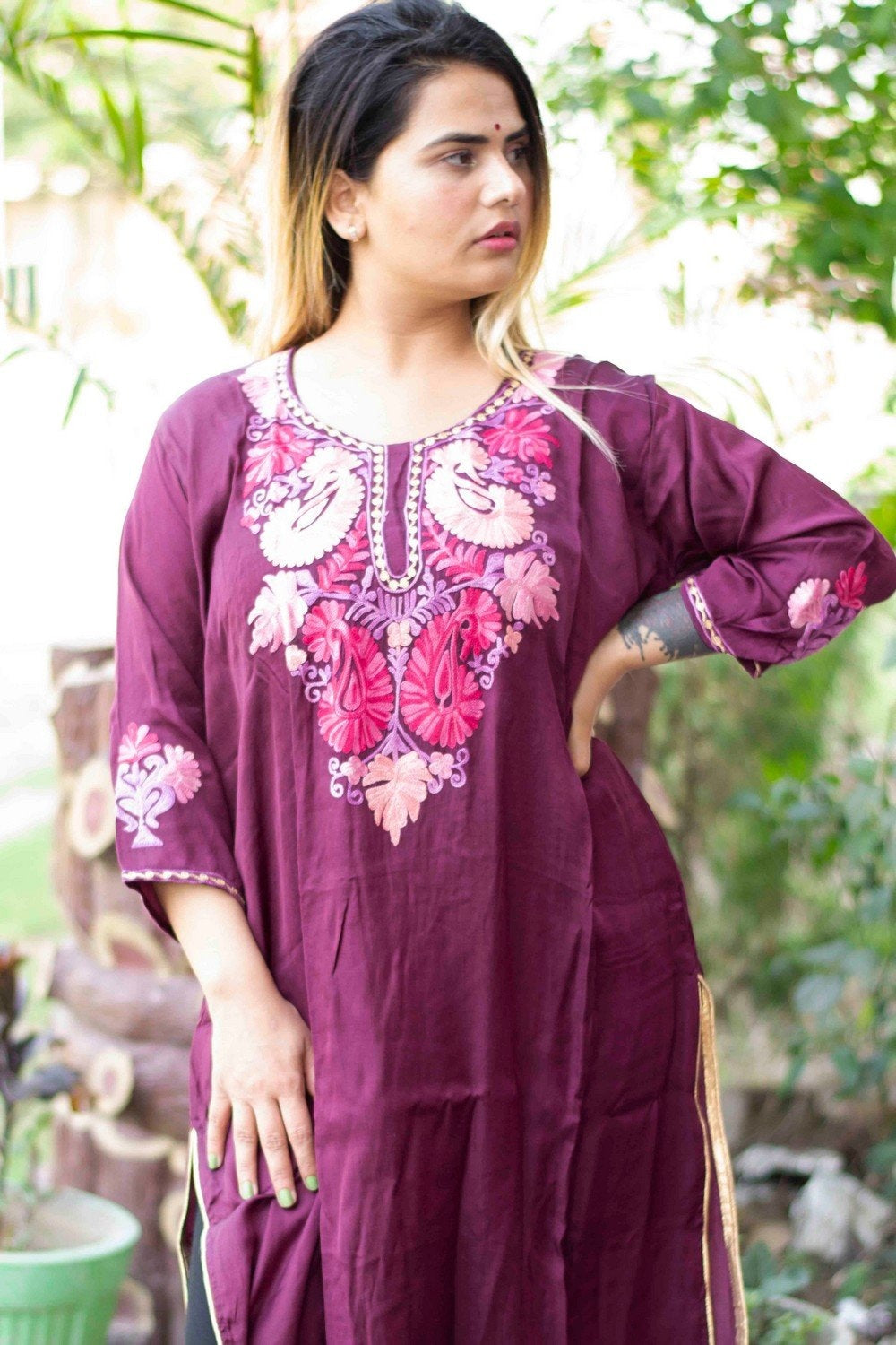 Purple Colour Cotton Kurti With Beautiful Aari Embroidery