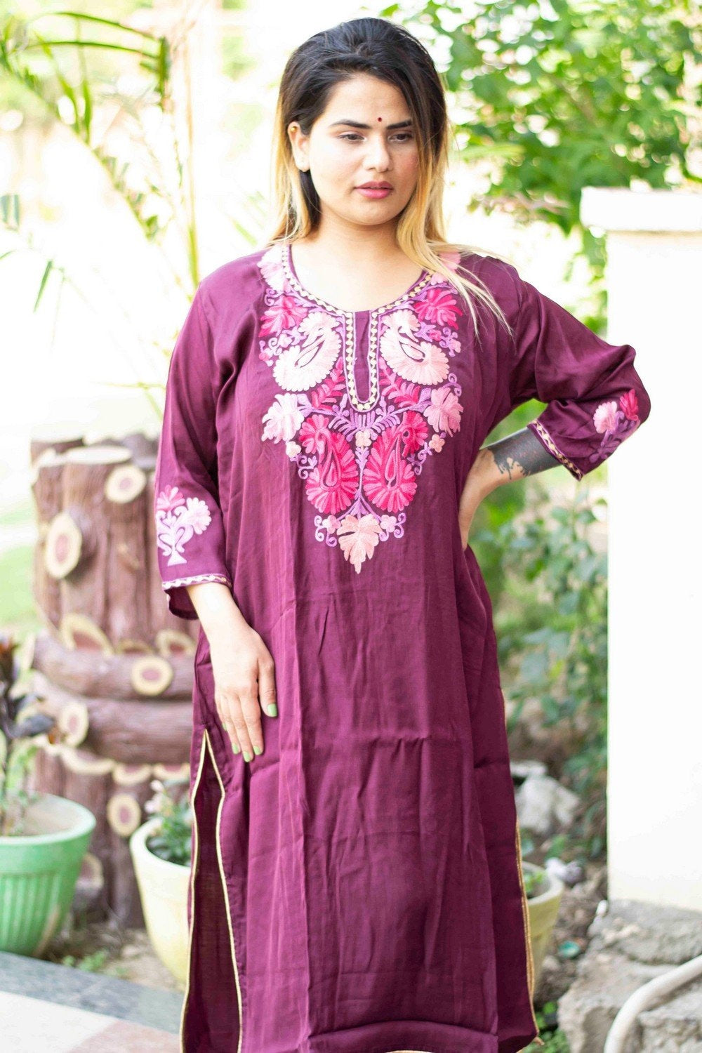 Purple Colour Cotton Kurti With Beautiful Aari Embroidery