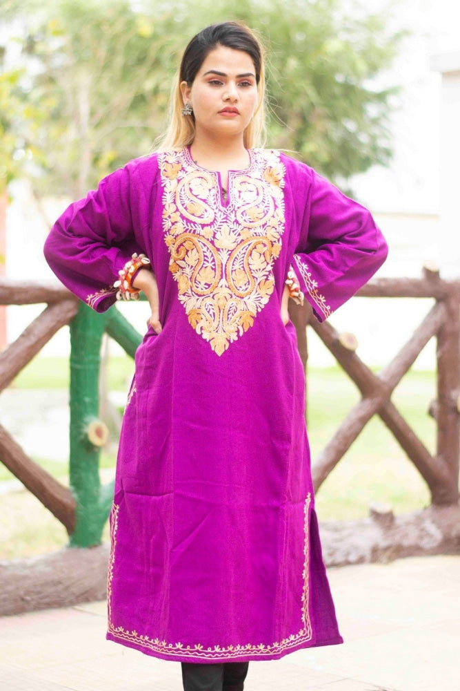 Purple Colour Kashmiri Work Embroidered Phiran Enriched