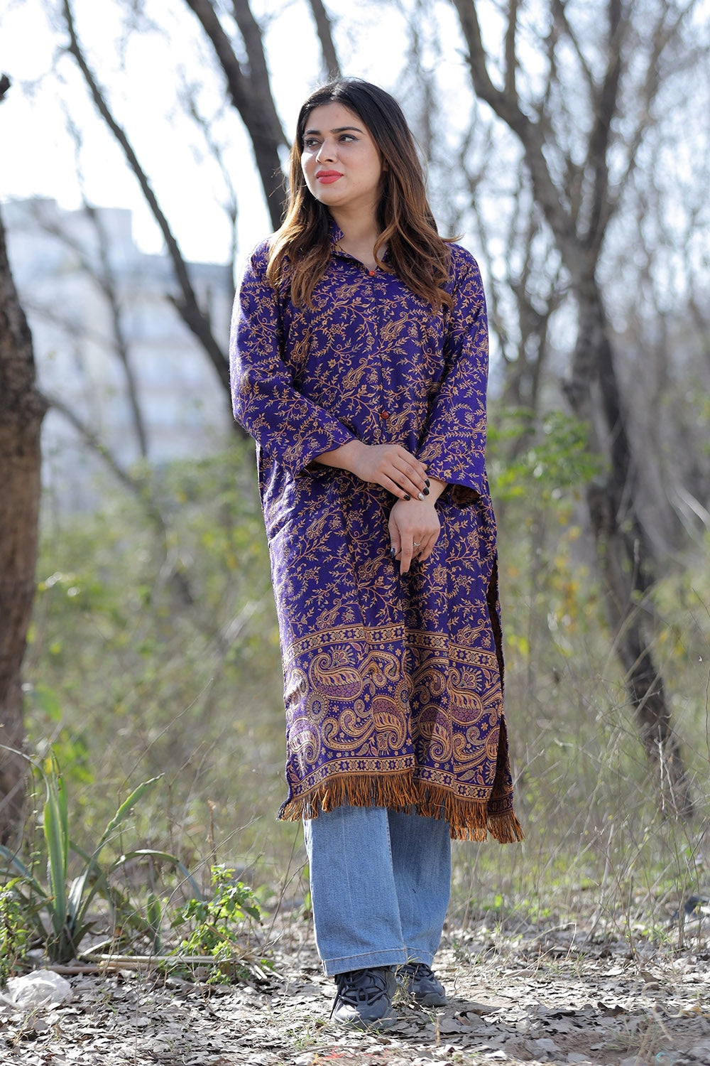 Purple Color Kashmiri Woven Sherwani With Paisleys Pattern