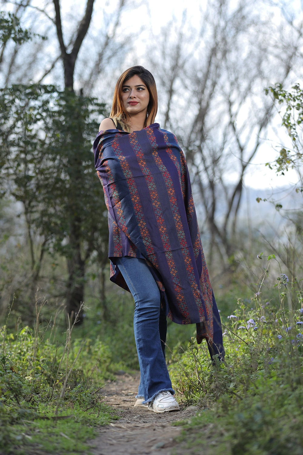 Ravishing Navy Blue Colour Shawl With Flower Pattern Style