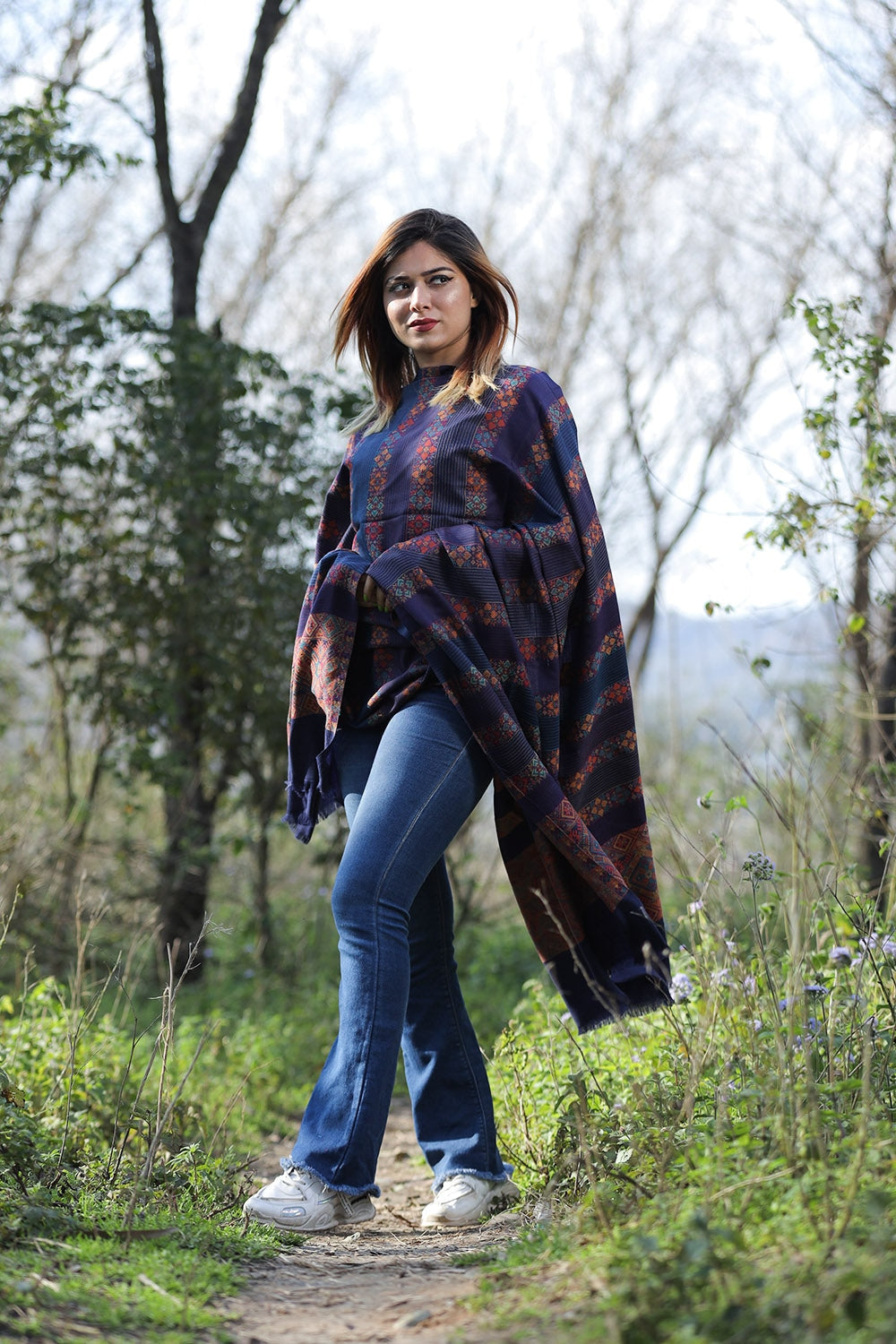 Ravishing Navy Blue Colour Shawl With Flower Pattern Style