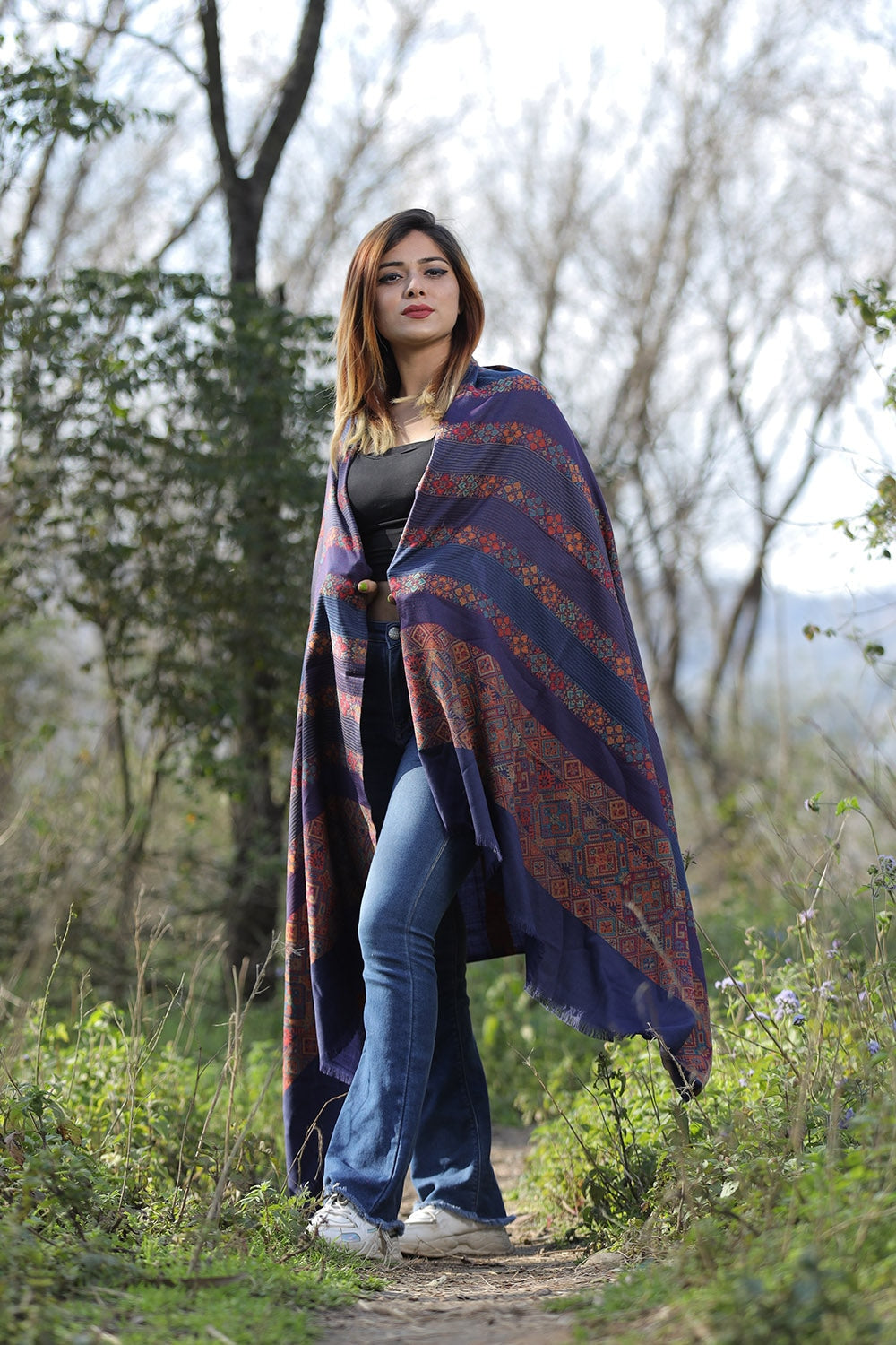 Ravishing Navy Blue Colour Shawl With Flower Pattern Style
