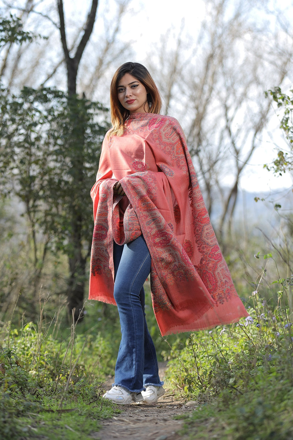 Ravishing Peach Colour Shawl With Flower Pattern Style Bold