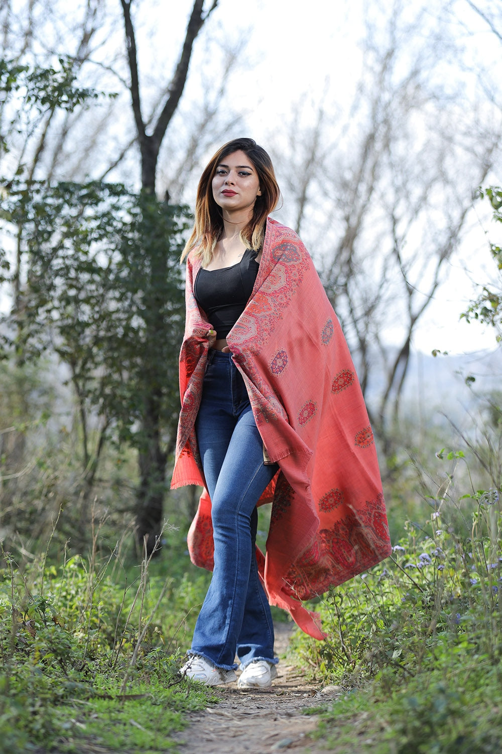 Ravishing Peach Colour Shawl With Flower Pattern Style Bold