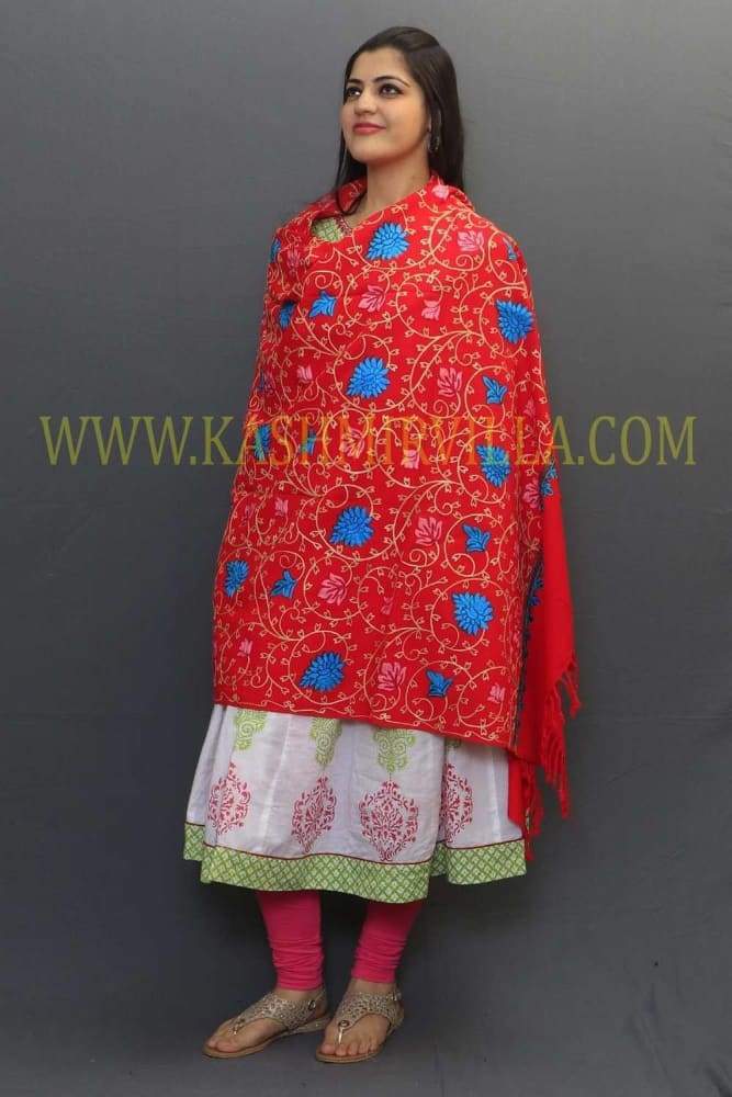 Ravishing Red Color Aari Work Embroidery Shawls Enriched