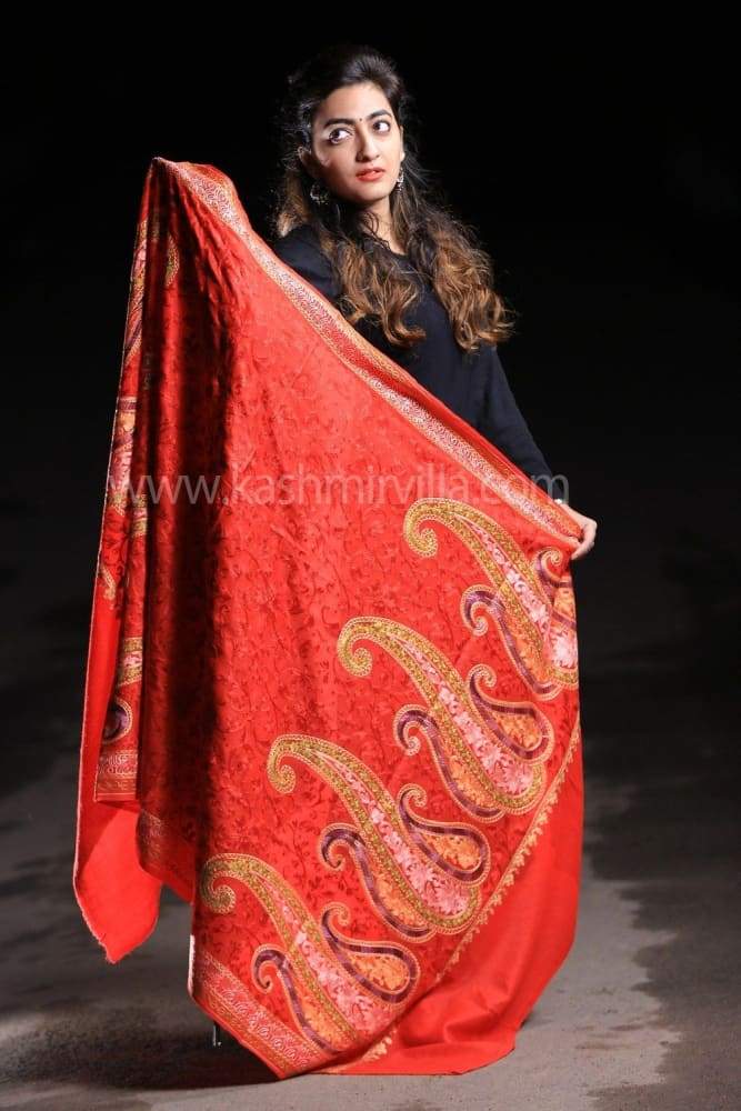 Ravishing Red Color Jamawar Aari Work Embroidery Shawls