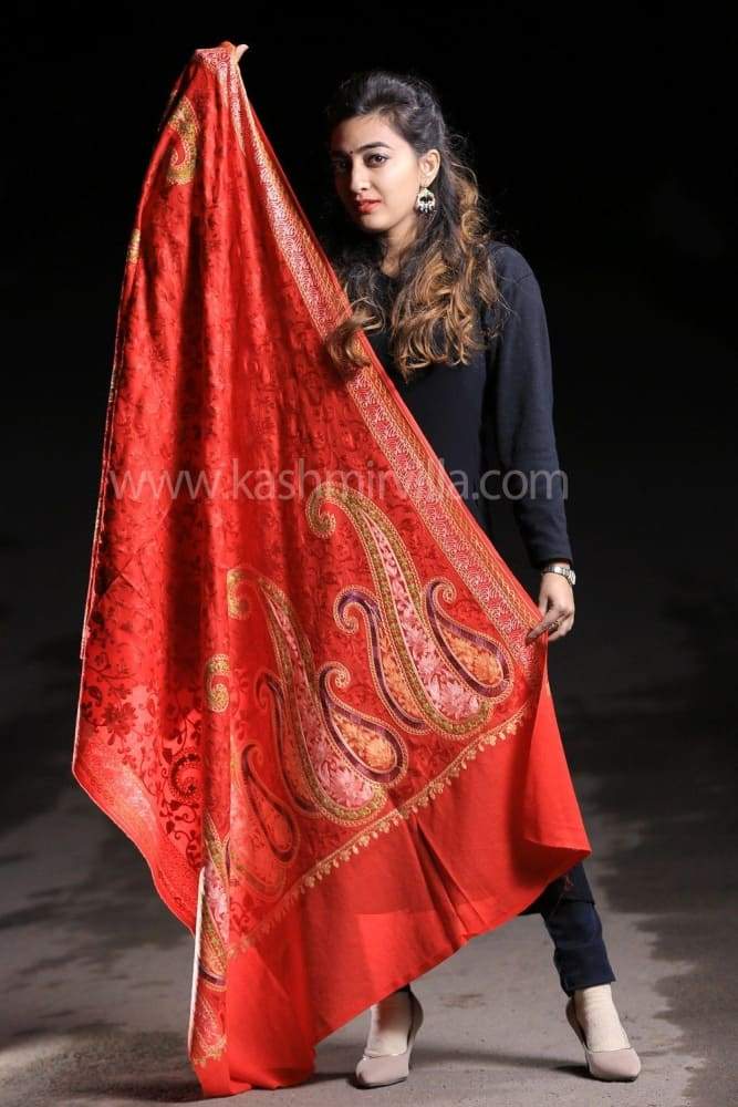 Ravishing Red Color Jamawar Aari Work Embroidery Shawls
