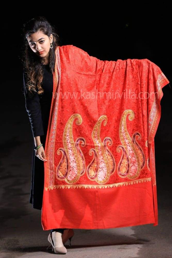 Ravishing Red Color Jamawar Aari Work Embroidery Shawls