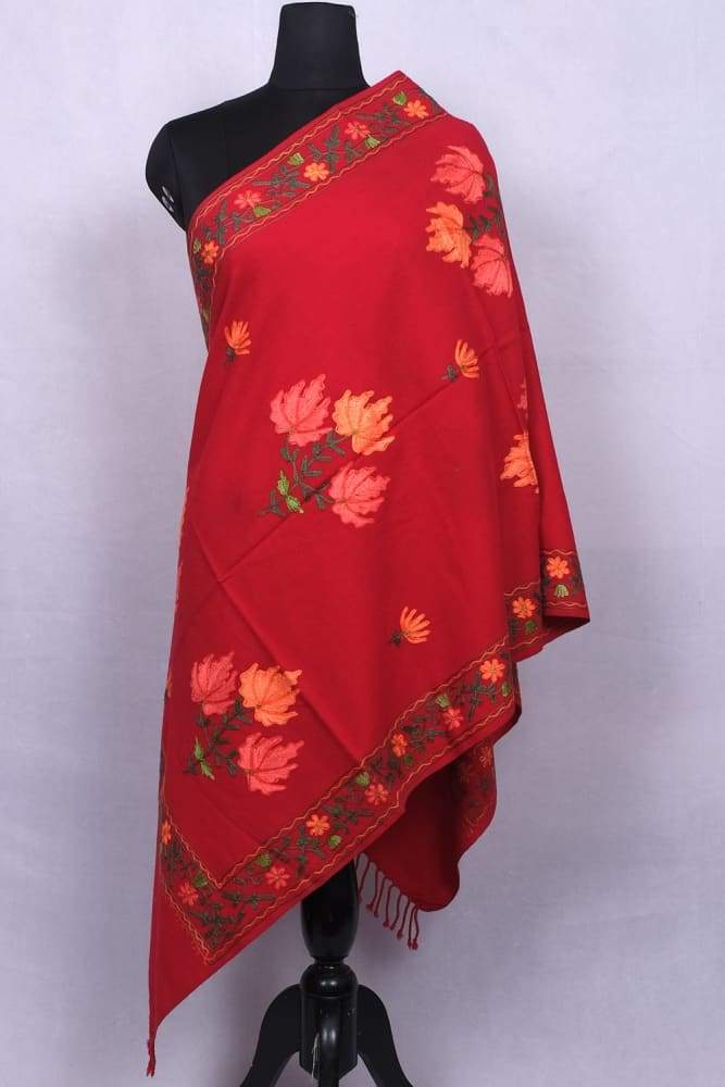 Ravishing Red Colour Elegant Pashmina Stole Of Aari Work