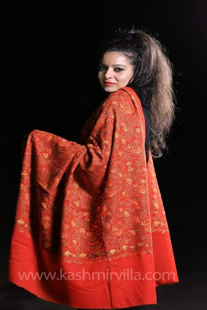 Ravishing Red Colour Kashida Work Shawl With Heavy Jall
