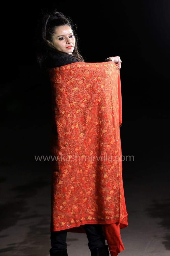 Ravishing Red Colour Kashida Work Shawl With Heavy Jall