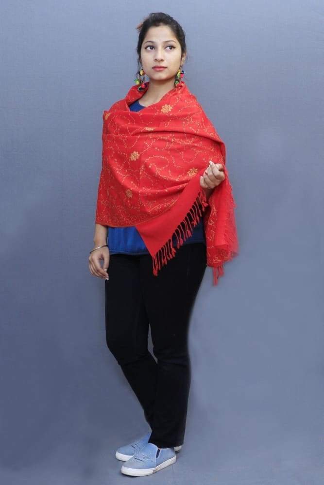 Red Color Kashmiri Sozni Work Embroidered Stole Enriched