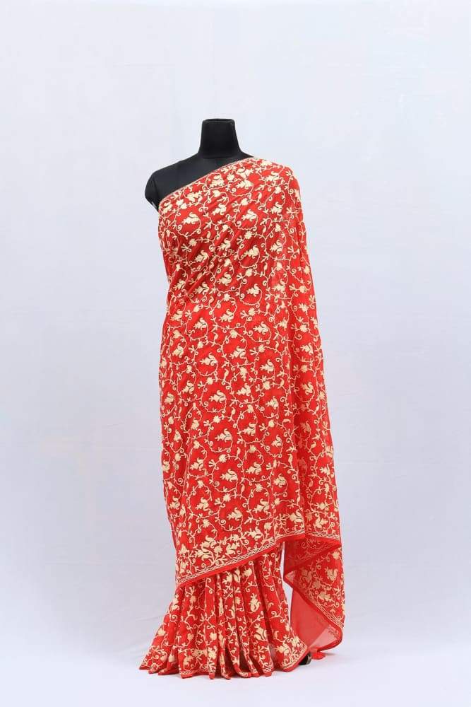 Red Color Kashmiri Work Embroidered Saree Enriched With All