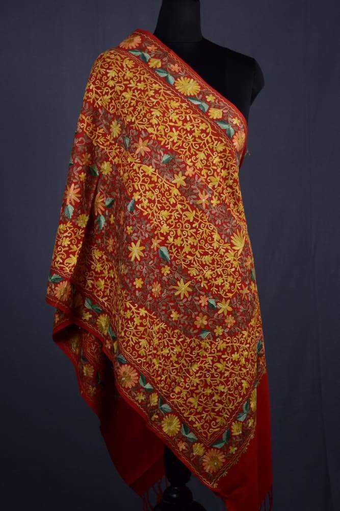 Red Color Kashmiri Work Embroidered Stole Enriched