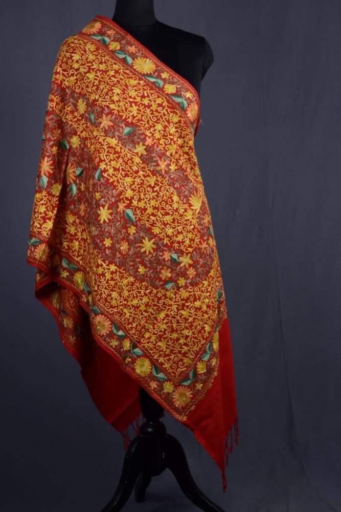Red Color Kashmiri Work Embroidered Stole Enriched