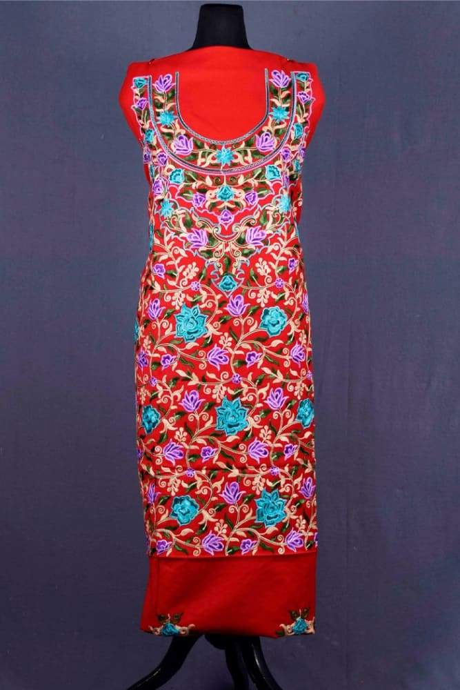 Red Color Patterned Kashmiri Aari Work Ladies Salwar Kameez