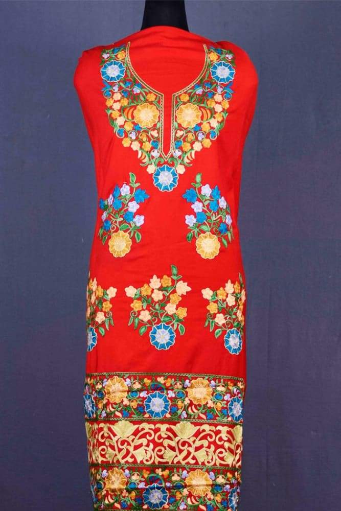 Red Color Patterned Kashmiri Aari Work Ladies Salwar Kameez