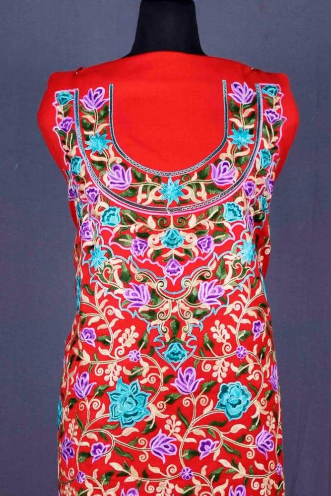 Red Color Patterned Kashmiri Aari Work Ladies Salwar Kameez