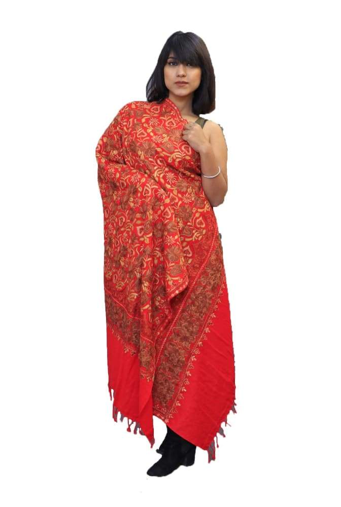Red Color Shawl Having Beautiful Border And Attractive Jaal