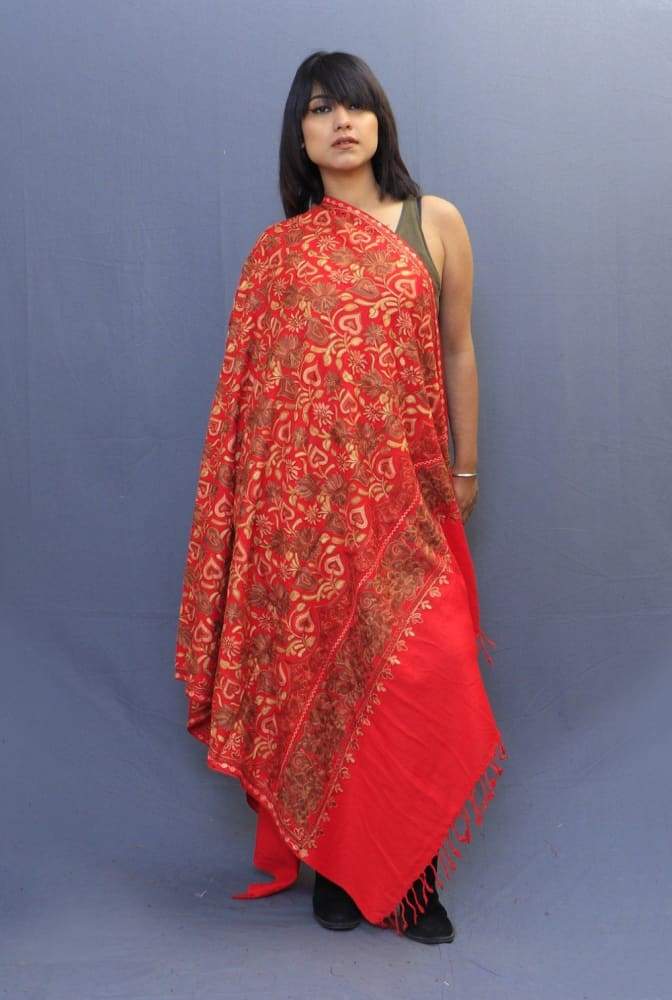 Red Color Shawl Having Beautiful Border And Attractive Jaal