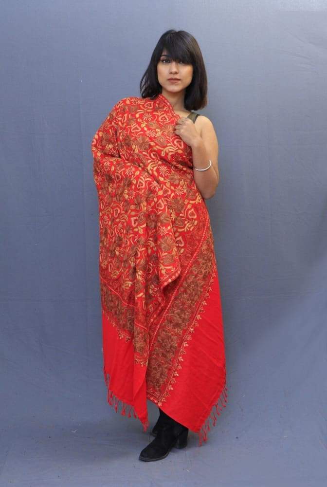 Red Color Shawl Having Beautiful Border And Attractive Jaal
