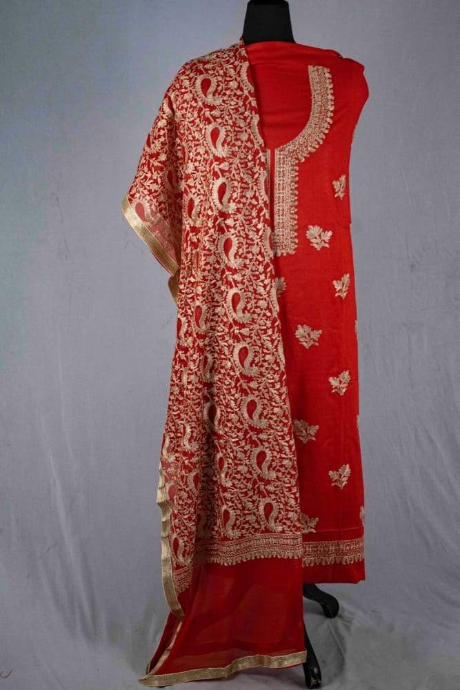 Red Color Silk Cotton Kashmiri Embroidered Designer Suit