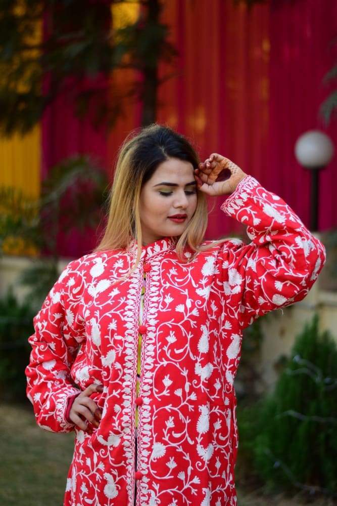 Red Colour Aari Work Embroidered Jacket Designer Paisley