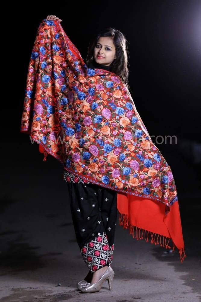 Red Colour Aari Work Embroidered Stole Enriched With New