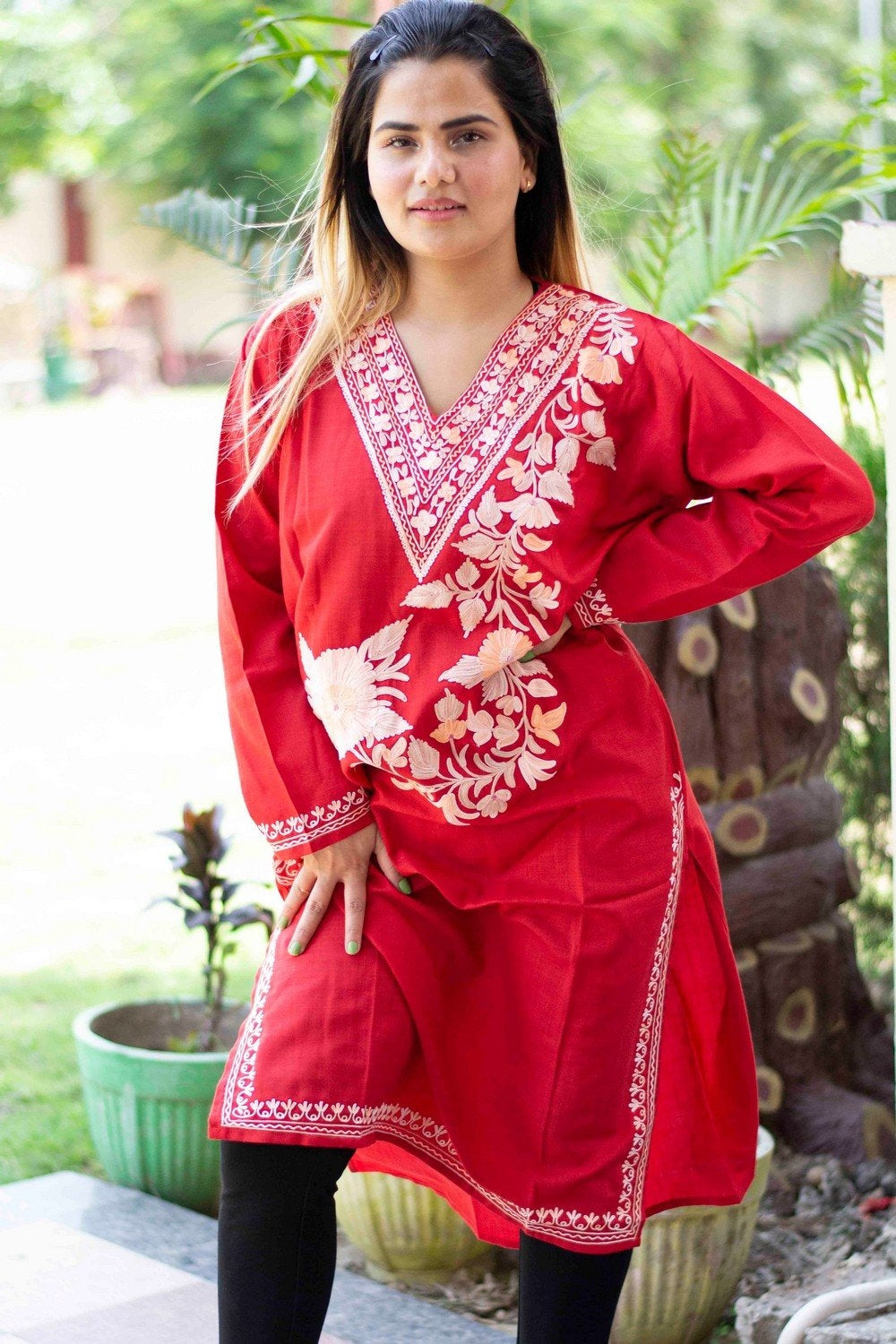 Red Colour Cotton Kurti With Beautiful Aari Embroidery