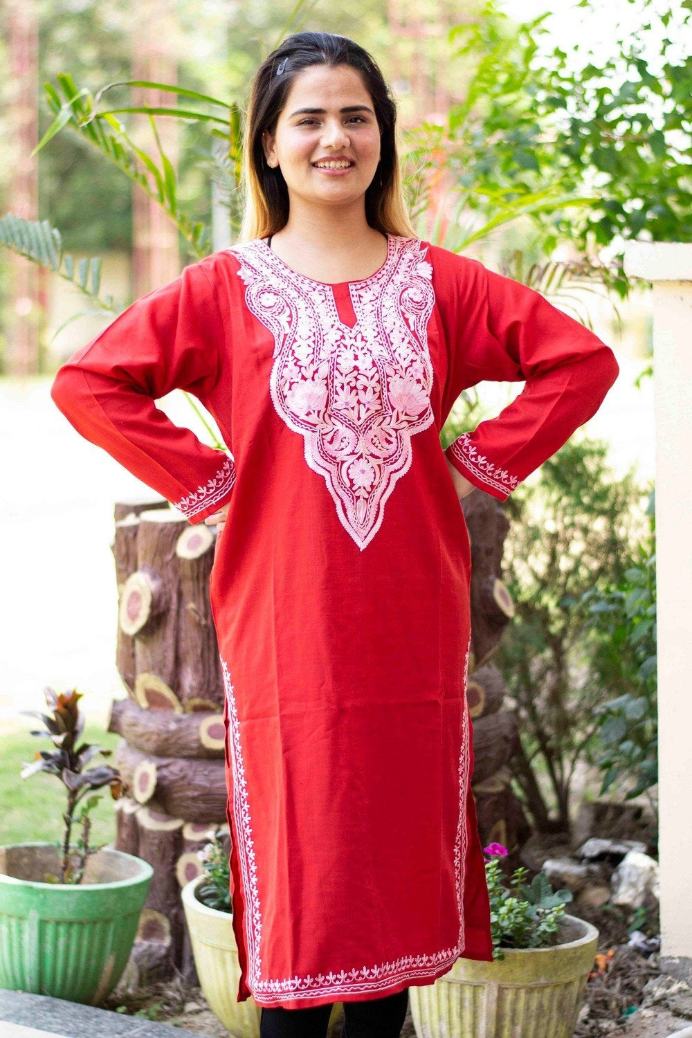 Red Colour Cotton Kurti With Beautiful Aari Embroidery