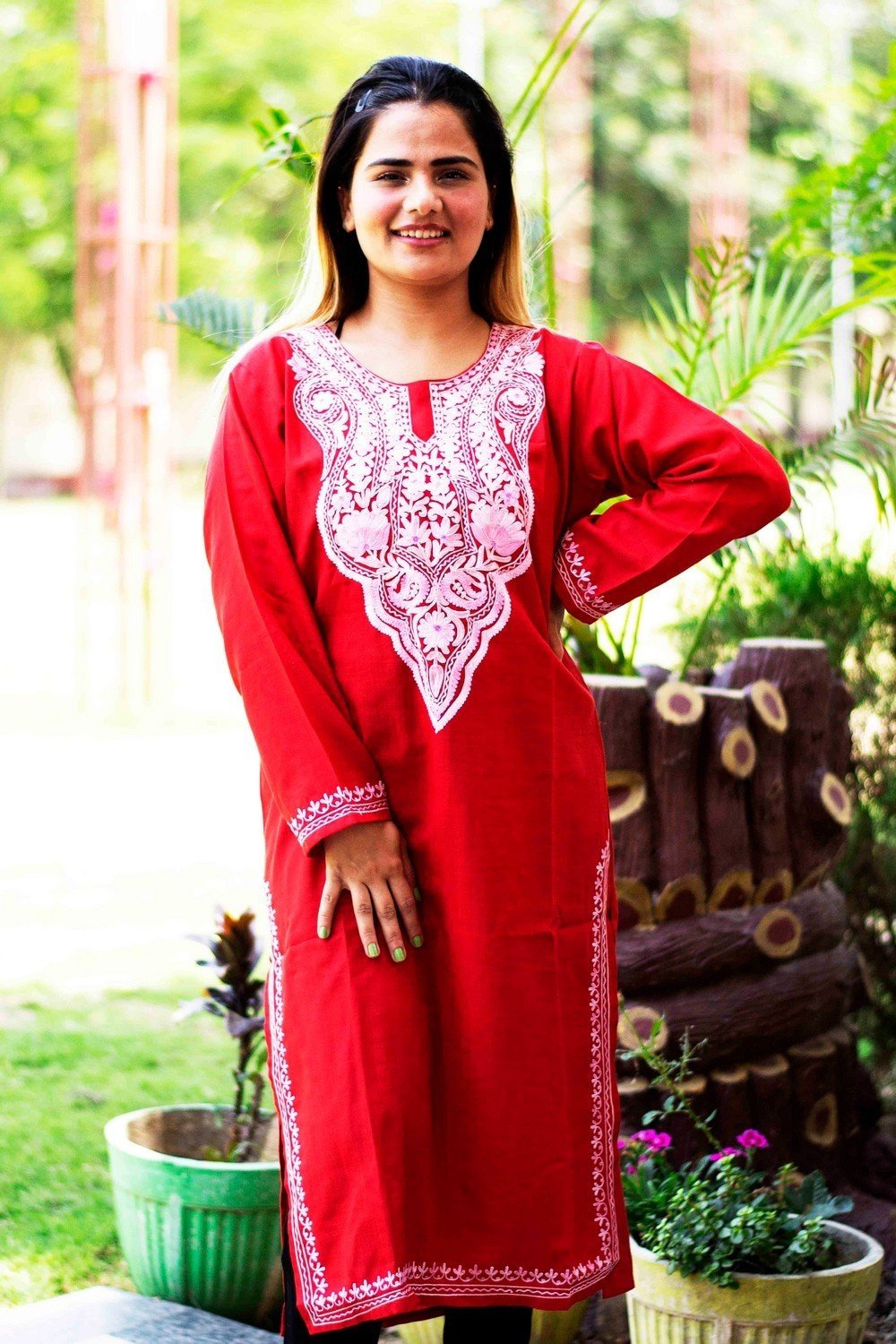 Red Colour Cotton Kurti With Beautiful Aari Embroidery