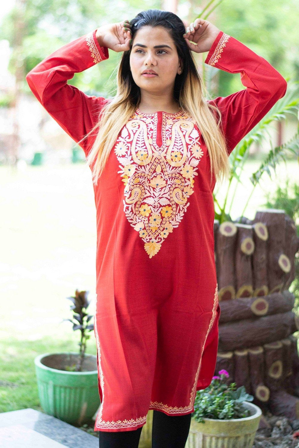 Red Colour Cotton Kurti With Beautiful Aari Embroidery