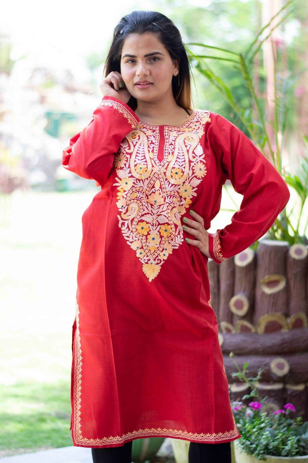 Red Colour Cotton Kurti With Beautiful Aari Embroidery