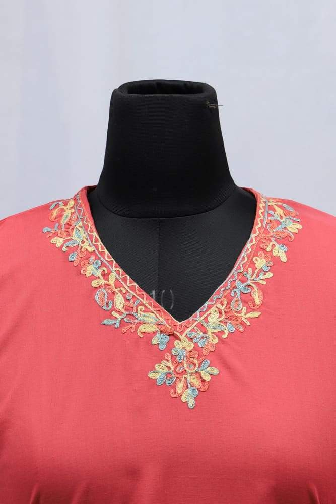 Pink Colour Cotton Kurti With Fine Woven Kashmiri Embroidery