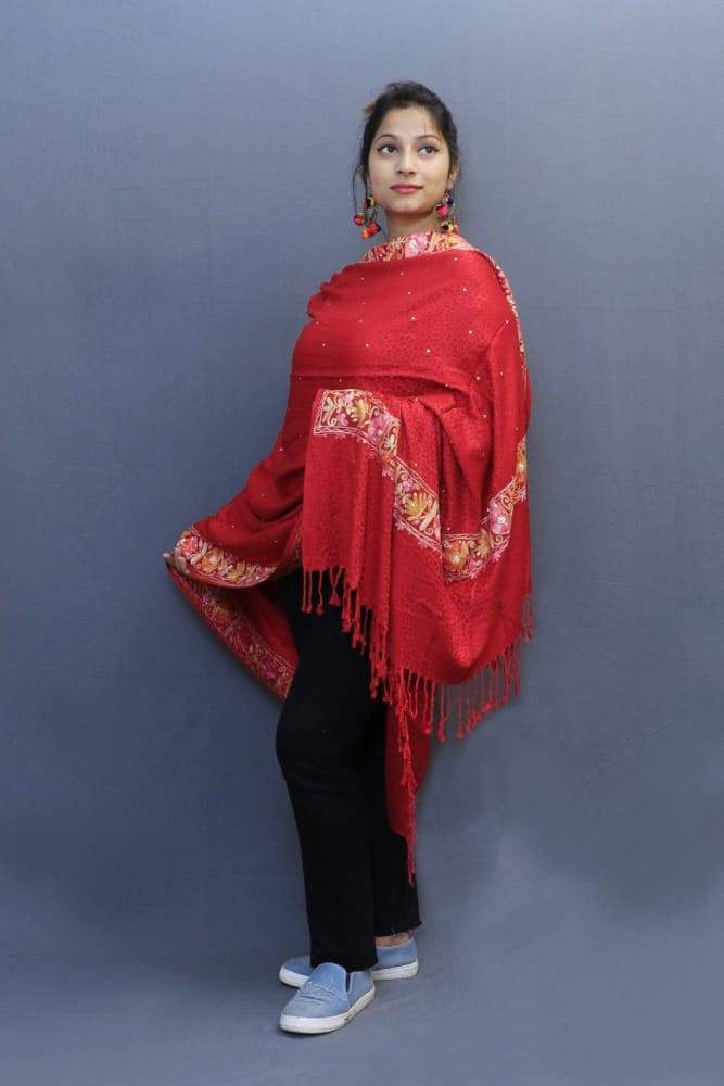 Red Colour Delicate Wrap With Four Sided Border And Allover