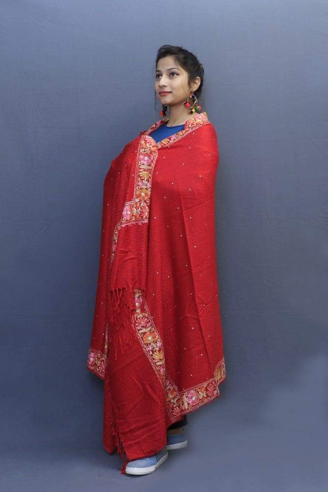 Red Colour Delicate Wrap With Four Sided Border And Allover