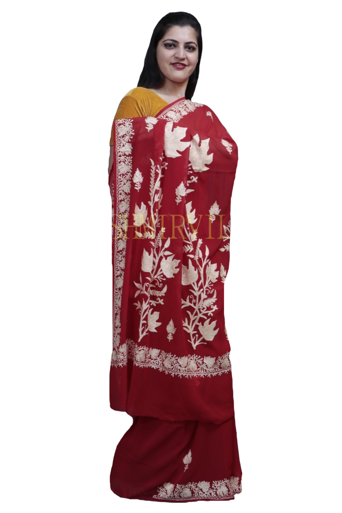 Red Colour Kashida Work Saree With Wonderful Designing
