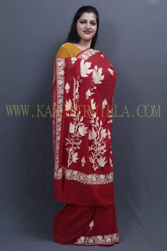 Red Colour Kashida Work Saree With Wonderful Designing